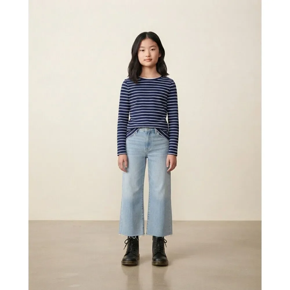 EUC The Children's Place Navy Blue White Striped Long Sleeve Tee Top Size 10/12